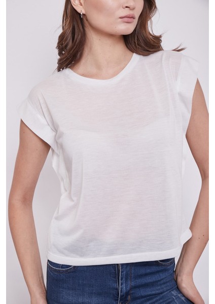 Lycrasız Pamuklu Geniş Sıfır Yaka Düşük Omuz T-Shirt-Krem modelleri