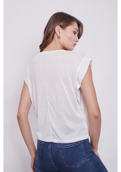Lycrasız Pamuklu Geniş Sıfır Yaka Düşük Omuz T-Shirt-Krem indirimleri