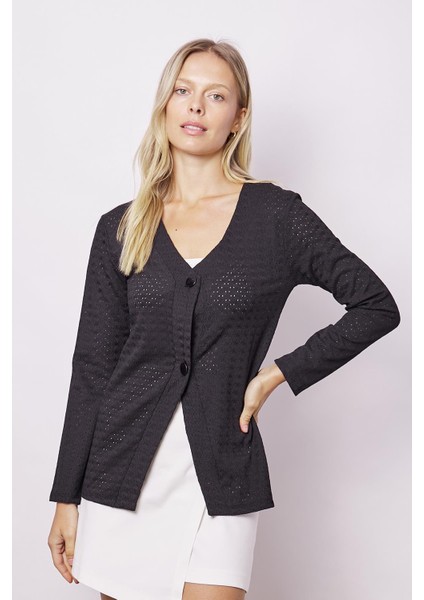 Kadın Delikli Dantel V Yaka Uzun Kol Hırka-Siyah