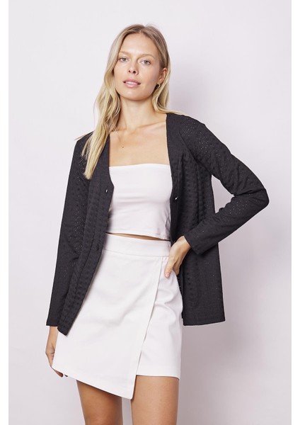 Kadın Delikli Dantel V Yaka Uzun Kol Hırka-Siyah