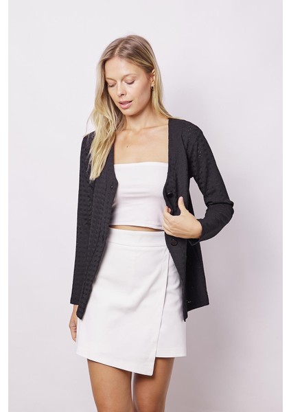 Kadın Delikli Dantel V Yaka Uzun Kol Hırka-Siyah