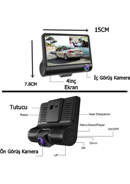 1080P Full Hd 4'' Büyük Ekranlı Araç Içi Kamera 3 Kameralı ( Ön Görüş - Geri Görüş - Iç Görüş ) Gece Görüşlü