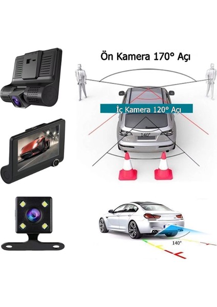 1080P Full Hd 4'' Büyük Ekranlı Araç Içi Kamera 3 Kameralı ( Ön Görüş - Geri Görüş - Iç Görüş ) Gece Görüşlü