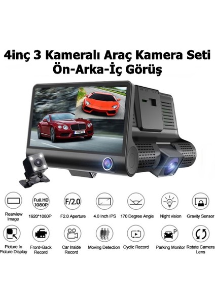 1080P Full Hd 4'' Büyük Ekranlı Araç Içi Kamera 3 Kameralı ( Ön Görüş - Geri Görüş - Iç Görüş ) Gece Görüşlü