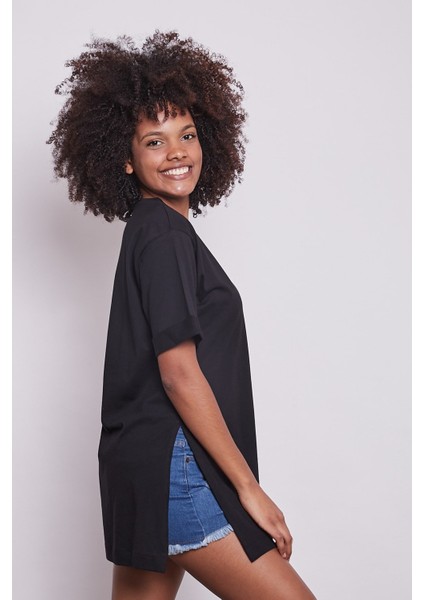 Likrasız Pamuk Sıfır Yaka Bol Duble Kol Yan Yırtmaçlı Oversize Tshirt-Siyah fırsatları