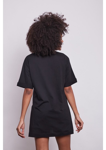 Likrasız Pamuk Sıfır Yaka Bol Duble Kol Yan Yırtmaçlı Oversize Tshirt-Siyah indirimleri