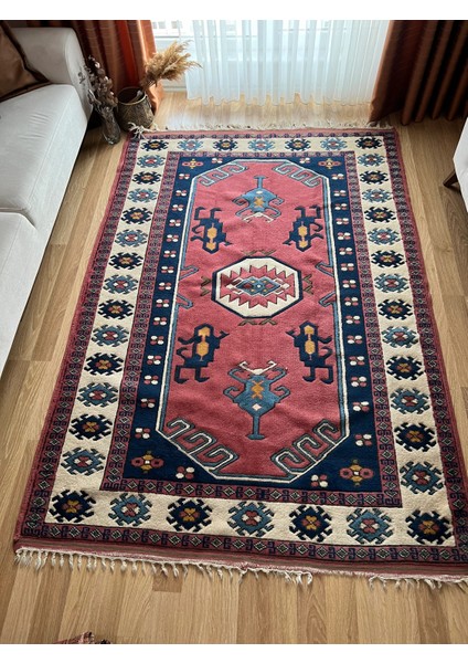162X230 cm Vintage El Dokuma Canlı Renkli Halı, Büyük El Dokuma Mavi Pembe Halı, Türk Yün Ev & Ofis