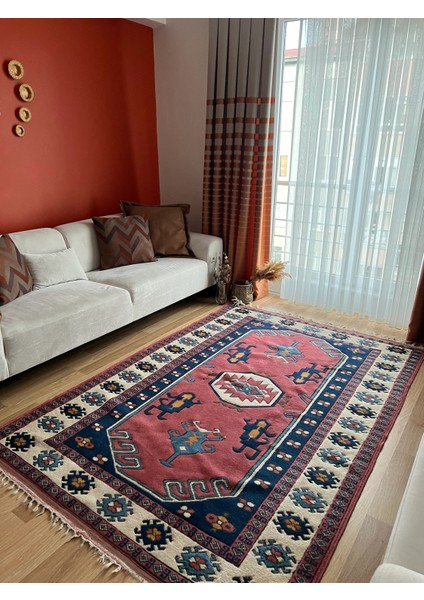162X230 cm Vintage El Dokuma Canlı Renkli Halı, Büyük El Dokuma Mavi Pembe Halı, Türk Yün Ev & Ofis fiyatları