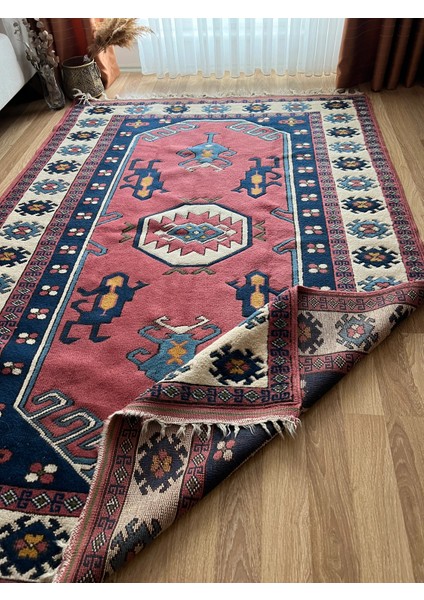 162X230 cm Vintage El Dokuma Canlı Renkli Halı, Büyük El Dokuma Mavi Pembe Halı, Türk Yün Ev & Ofis modelleri