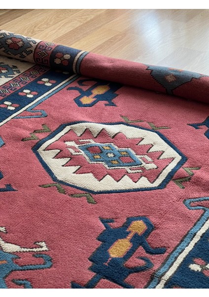 162X230 cm Vintage El Dokuma Canlı Renkli Halı, Büyük El Dokuma Mavi Pembe Halı, Türk Yün Ev & Ofis indirimleri