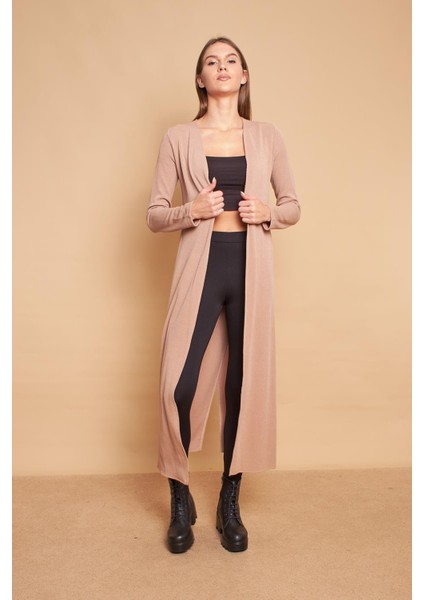 Arkası Anvelop Kruvaze Uzun Kol Ince Triko Hırka-Koyu Bej