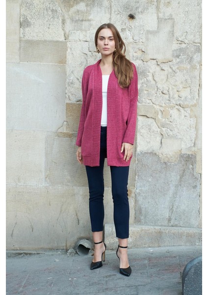 Kadın Düşük Omuzlu Uzun Kol Rahat Kesim Uzun Triko Hırka-Vişne