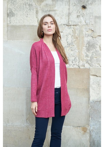 Kadın Düşük Omuzlu Uzun Kol Rahat Kesim Uzun Triko Hırka-Vişne fiyatları