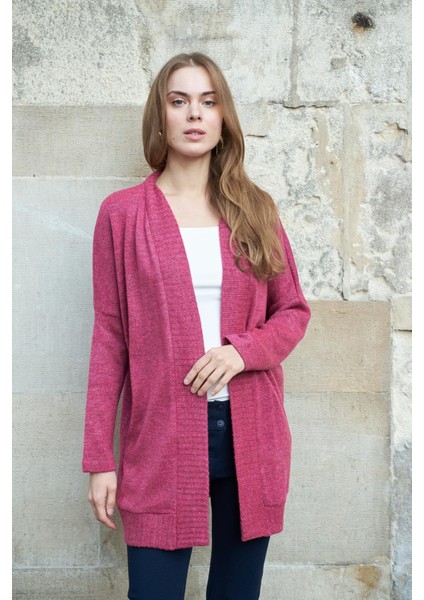 Kadın Düşük Omuzlu Uzun Kol Rahat Kesim Uzun Triko Hırka-Vişne fırsatları