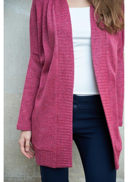 Kadın Düşük Omuzlu Uzun Kol Rahat Kesim Uzun Triko Hırka-Vişne indirimleri