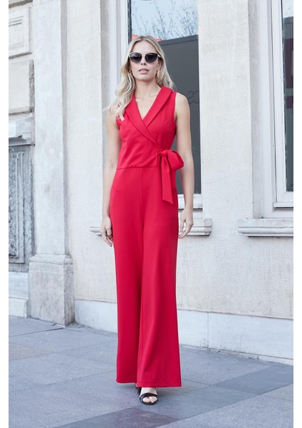 Kadın Likralı Krep Kruvaze Anvelop Yan Cepli Kolsuz Yakalı Şık Tulum-Kırmızı