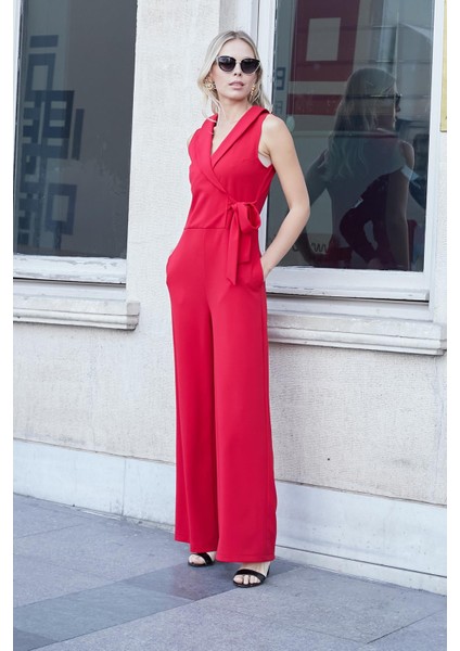 Kadın Likralı Krep Kruvaze Anvelop Yan Cepli Kolsuz Yakalı Şık Tulum-Kırmızı fiyatları