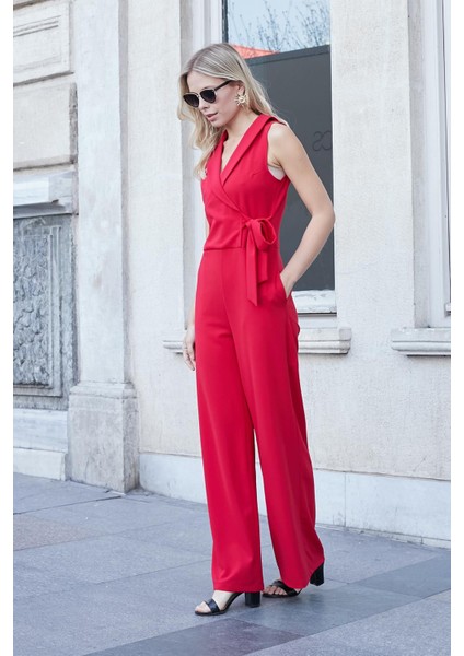 Kadın Likralı Krep Kruvaze Anvelop Yan Cepli Kolsuz Yakalı Şık Tulum-Kırmızı modelleri