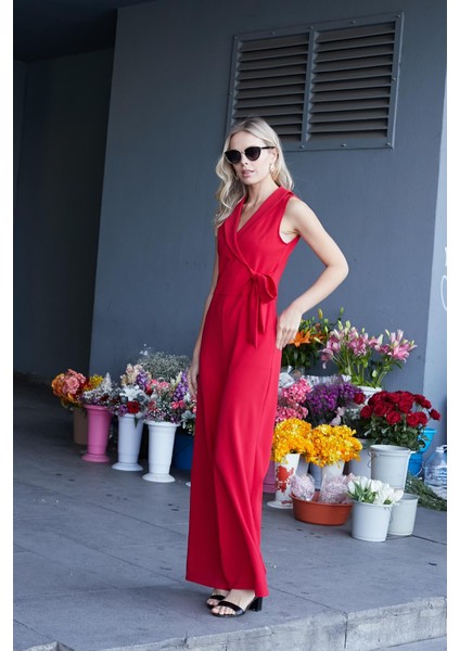 Kadın Likralı Krep Kruvaze Anvelop Yan Cepli Kolsuz Yakalı Şık Tulum-Kırmızı fırsatları