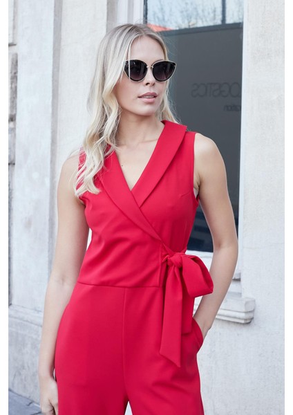 Kadın Likralı Krep Kruvaze Anvelop Yan Cepli Kolsuz Yakalı Şık Tulum-Kırmızı indirimleri