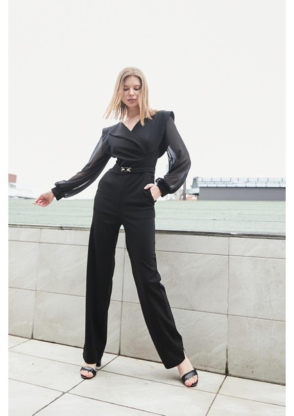 Kadın Şifon Detaylı Kruvaze Anvelop Uzun Kol Beli Bağcıklı Hafifi Likralı Krep Kumaş Tulum-Siyah fiyatları