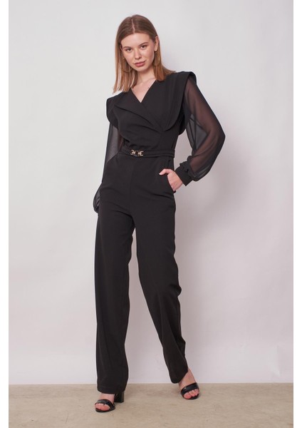 Kadın Şifon Detaylı Kruvaze Anvelop Uzun Kol Beli Bağcıklı Hafifi Likralı Krep Kumaş Tulum-Siyah modelleri