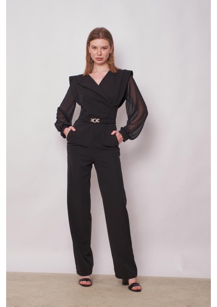 Kadın Şifon Detaylı Kruvaze Anvelop Uzun Kol Beli Bağcıklı Hafifi Likralı Krep Kumaş Tulum-Siyah fırsatları