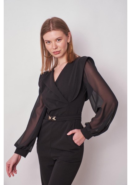 Kadın Şifon Detaylı Kruvaze Anvelop Uzun Kol Beli Bağcıklı Hafifi Likralı Krep Kumaş Tulum-Siyah indirimleri