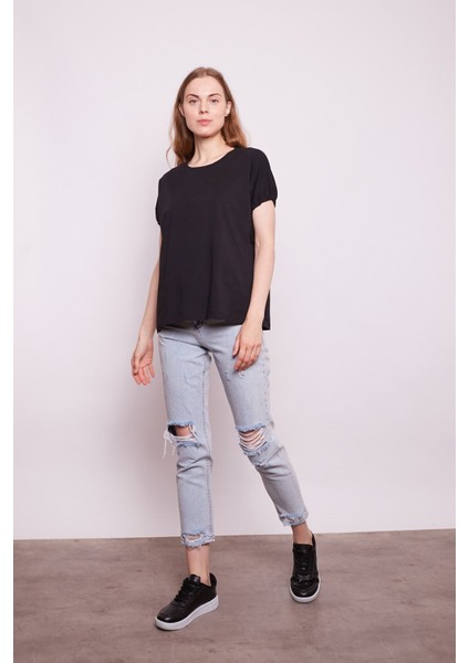 Lycrasız Pamuk Geniş Sıfır Yaka Düşük Omuzlu Kolları Bağcıklı T-Shirt -Siyah