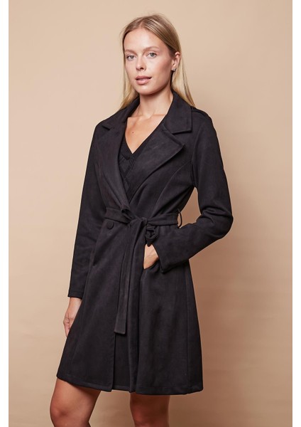 Kadın Hafif Likralı Süet Kumaş Anvelop Kruvaze Cepli Uzun Kol Diz Boy Trençkot-Siyah indirimleri