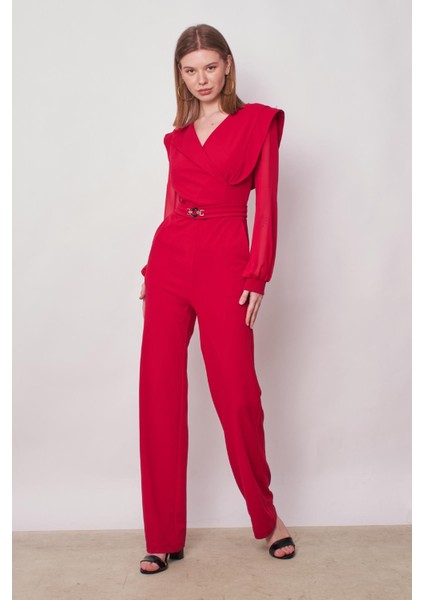 Kadın Şifon Detaylı Kruvaze Anvelop Uzun Kol Beli Bağcıklı Hafifi Likralı Krep Kumaş Tulum-Kırmızı fiyatları