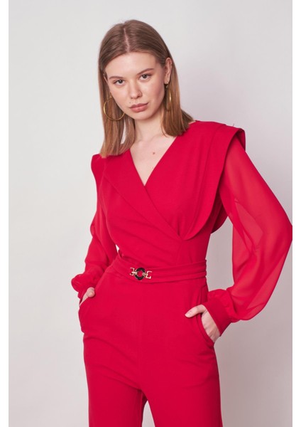 Kadın Şifon Detaylı Kruvaze Anvelop Uzun Kol Beli Bağcıklı Hafifi Likralı Krep Kumaş Tulum-Kırmızı fırsatları