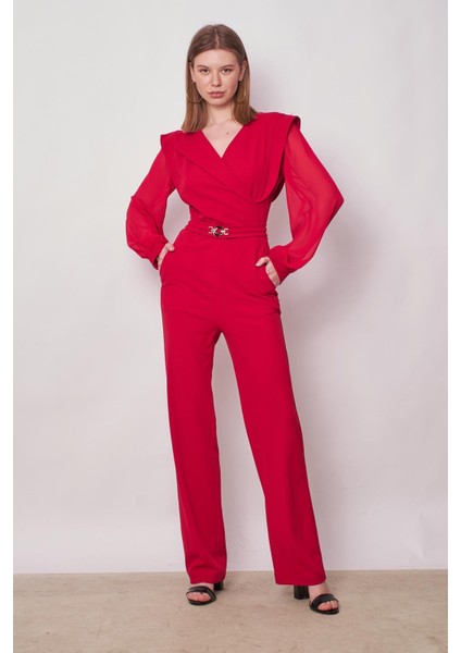 Kadın Şifon Detaylı Kruvaze Anvelop Uzun Kol Beli Bağcıklı Hafifi Likralı Krep Kumaş Tulum-Kırmızı indirimleri