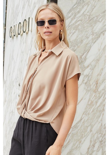 Likrasız Şık Kumaş Yakalı Düşük Omuzlu Önü Pileli Gömlek-Vizon fiyatları