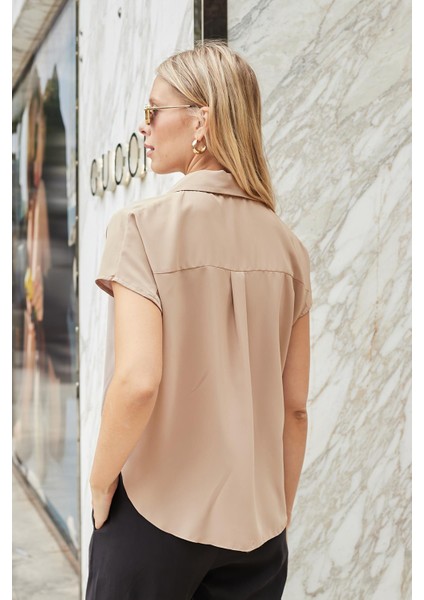 Likrasız Şık Kumaş Yakalı Düşük Omuzlu Önü Pileli Gömlek-Vizon fırsatları