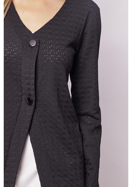 Kadın Delikli Dantel V Yaka Uzun Kol Hırka-Siyah indirimleri