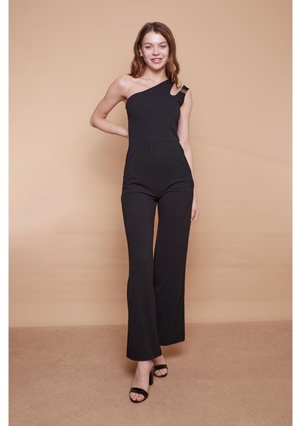 Likralı Krep Kumaş Tek Omuz Aksesuarlı Yan Cepli Bol Paça Abiye Nişan Ofis Tulum-Siyah