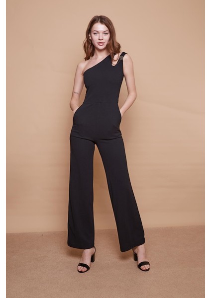 Likralı Krep Kumaş Tek Omuz Aksesuarlı Yan Cepli Bol Paça Abiye Nişan Ofis Tulum-Siyah