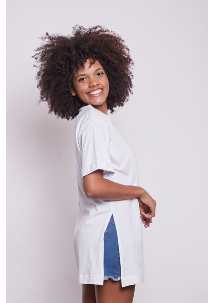 Likrasız Pamuk Sıfır Yaka Bol Duble Kol Yan Yırtmaçlı Oversize Tshirt-Beyaz fiyatları