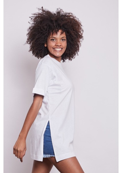 Likrasız Pamuk Sıfır Yaka Bol Duble Kol Yan Yırtmaçlı Oversize Tshirt-Beyaz modelleri