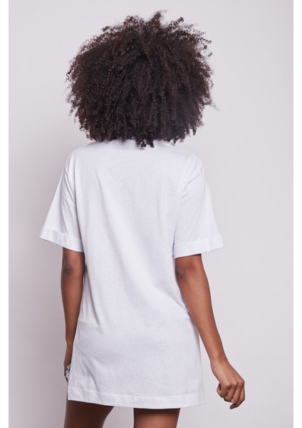 Likrasız Pamuk Sıfır Yaka Bol Duble Kol Yan Yırtmaçlı Oversize Tshirt-Beyaz fırsatları