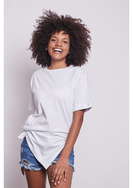 Likrasız Pamuk Sıfır Yaka Bol Duble Kol Yan Yırtmaçlı Oversize Tshirt-Beyaz indirimleri