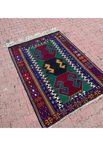 140X193 cm Vintage Konya Obruk Kilim, El Dokuma Kilim Halı, Renkli Rustik Desenli Kilim, Türk El Yapımı Antika Kilim