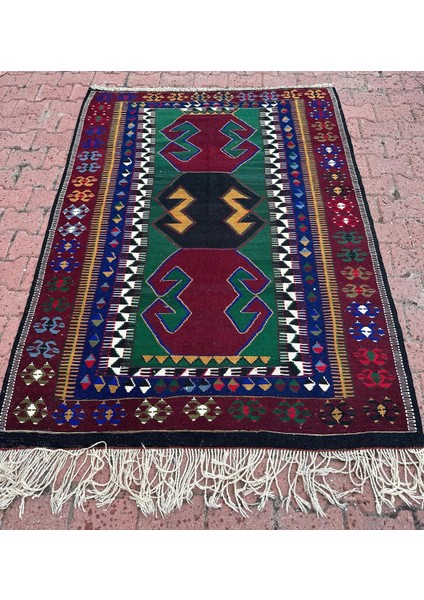 140X193 cm Vintage Konya Obruk Kilim, El Dokuma Kilim Halı, Renkli Rustik Desenli Kilim, Türk El Yapımı Antika Kilim fiyatları