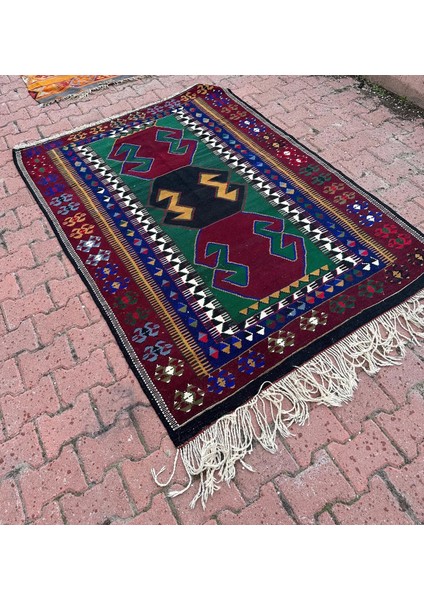 140X193 cm Vintage Konya Obruk Kilim, El Dokuma Kilim Halı, Renkli Rustik Desenli Kilim, Türk El Yapımı Antika Kilim modelleri