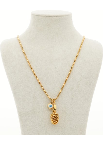 Kozalak ve Nazar Boncuğu Detaylı Altın Kaplama Kadın Uzun Kolye modelleri