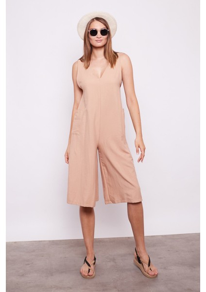 Omuzdan Bağcıklı Cepli Bol Paça Tulum -Açık Camel