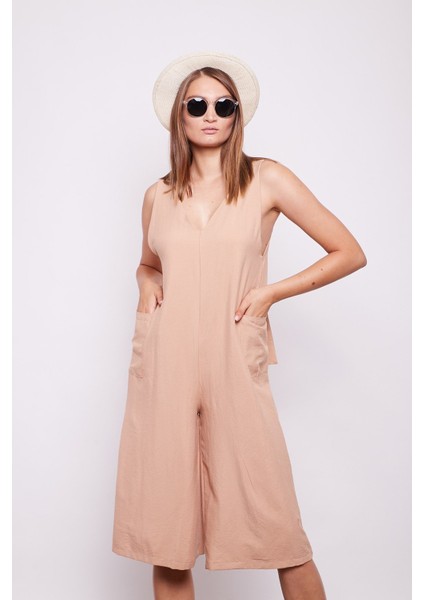 Omuzdan Bağcıklı Cepli Bol Paça Tulum -Açık Camel fiyatları