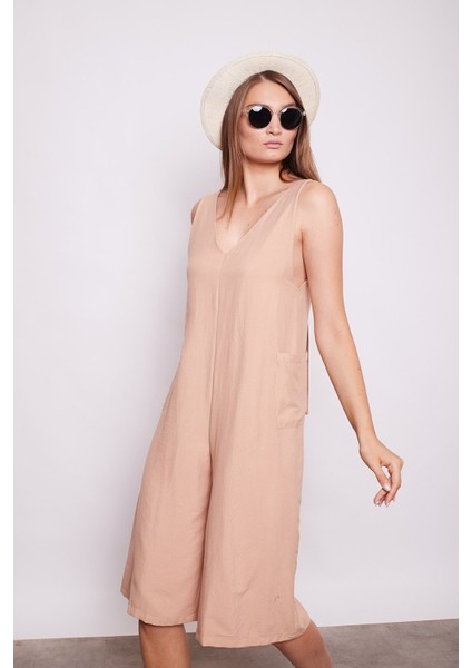 Omuzdan Bağcıklı Cepli Bol Paça Tulum -Açık Camel fırsatları