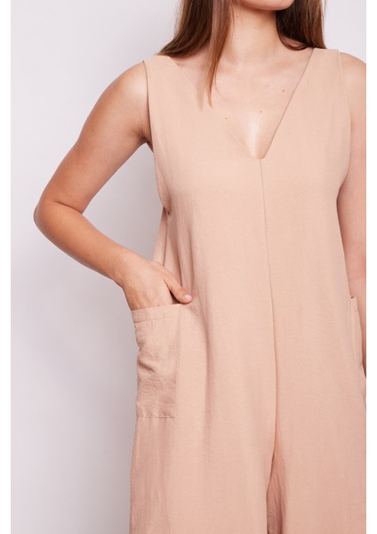 Omuzdan Bağcıklı Cepli Bol Paça Tulum -Açık Camel indirimleri